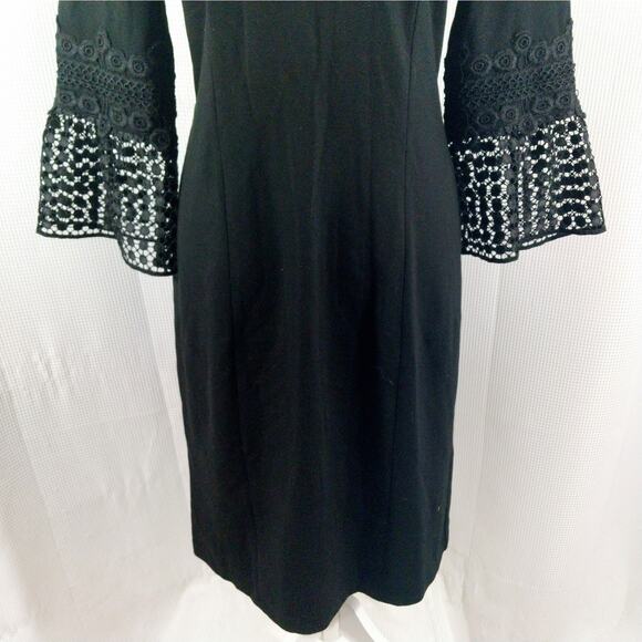 TALBOTS! ELEGANT BLACK KNIT EMBROIDERED BELL SLEEVE CLASSIC SHEATH DRESS! SZ 8 - Picture 4 of 8